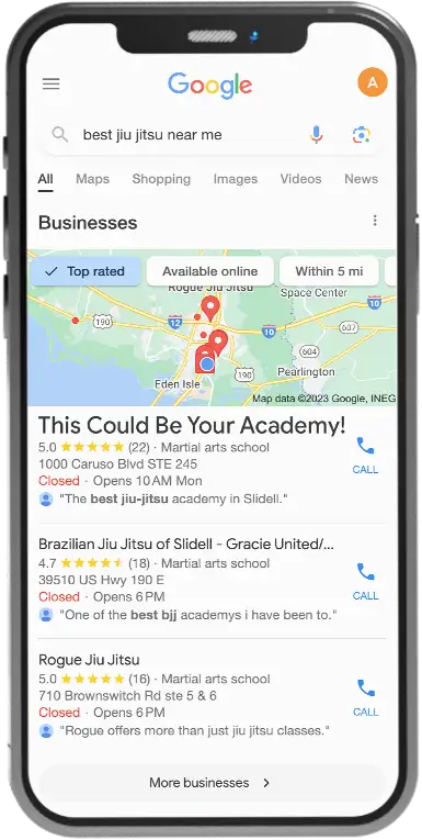 Our on-page local SEO for jiu jitsu optimizes your google business profile with your website to get you ranked and in front of prospective students searching google maps for jiu jitsu services just like yours