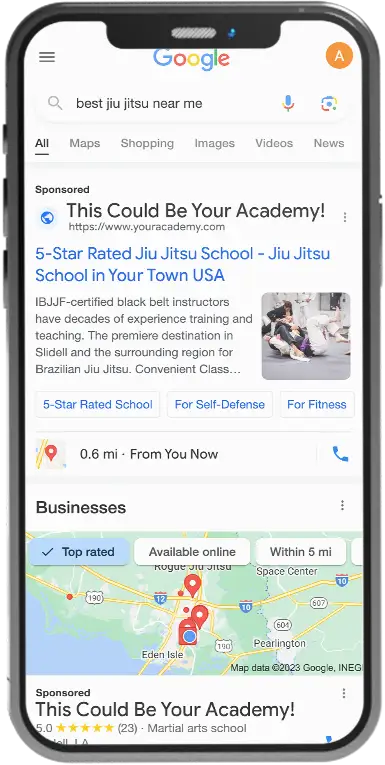 PPC ads for jiu jitsu on a mobile device with a jiu jitsu school ranked at the top of the Google Map Pack
